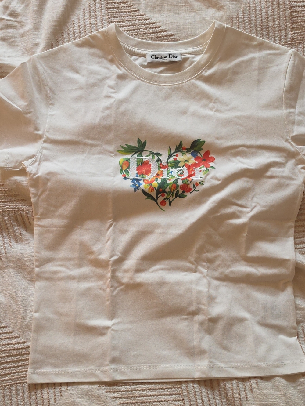 Dior Cream Tee with Multicolor Floral Heart Logo